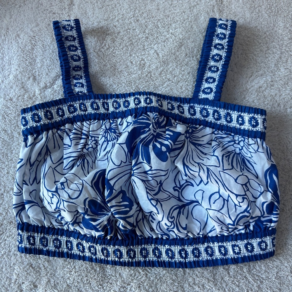 Japna Blue White Floral Smocked Crop Top Sleeveless‎ Cotton Tropical XS RN116696